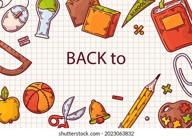 Back to school background. Welcome kids template. Education banner, poster design. Student art. Study day concept. School, preschool supplies items. Discounts on september 1st. Vector illustration.