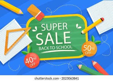 Back to school background. Welcome kids template. Education banner, poster design. Student art. Study day concept. School, preschool supplies items. Discounts on september 1st. Vector illustration.