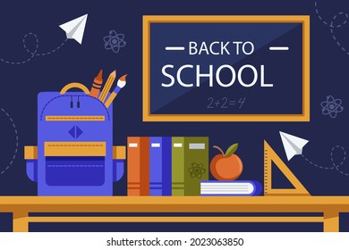 Back to school background. Welcome kids template. Education banner, poster design. Student art. Study day concept. School, preschool supplies items. Discounts on september 1st. Vector illustration.