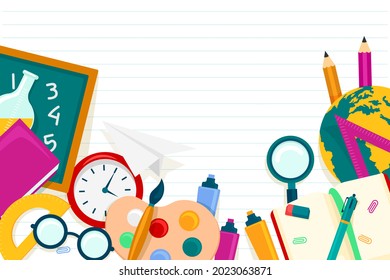 Back to school background. Welcome kids template. Education banner, poster design. Student art. Study day concept. School, preschool supplies items. Discounts on september 1st. Vector illustration.