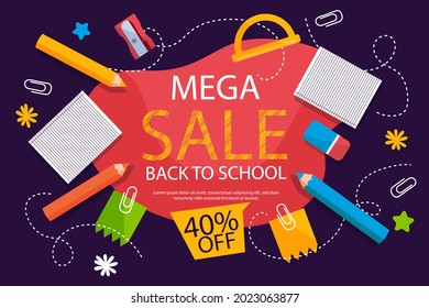 Back to school background. Welcome kids template. Education banner, poster design. Student art. Study day concept. School, preschool supplies items. Discounts on september 1st. Vector illustration.