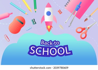Back to school background. Welcome kids template. Education banner, poster design. Student art. Study day concept. School, preschool supplies items. Discounts on september 1st. Vector illustration.