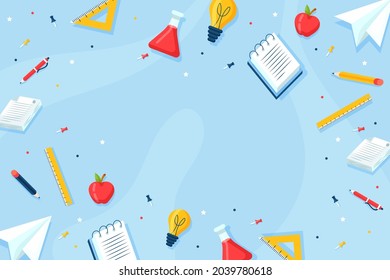 Back to school background. Welcome kids template. Education banner, poster design. Student art. Study day concept. School, preschool supplies items. Discounts on september 1st. Vector illustration.