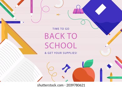 Back to school background. Welcome kids template. Education banner, poster design. Student art. Study day concept. School, preschool supplies items. Discounts on september 1st. Vector illustration.