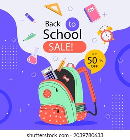 Back to school background. Welcome kids template. Education banner, poster design. Student art. Study day concept. School, preschool supplies items. Discounts on september 1st. Vector illustration.