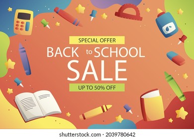 Back to school background. Welcome kids template. Education banner, poster design. Student art. Study day concept. School, preschool supplies items. Discounts on september 1st. Vector illustration.