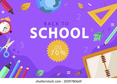 Back to school background. Welcome kids template. Education banner, poster design. Student art. Study day concept. School, preschool supplies items. Discounts on september 1st. Vector illustration.