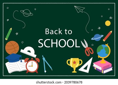 Back to school background. Welcome kids template. Education banner, poster design. Student art. Study day concept. School, preschool supplies items. Discounts on september 1st. Vector illustration.