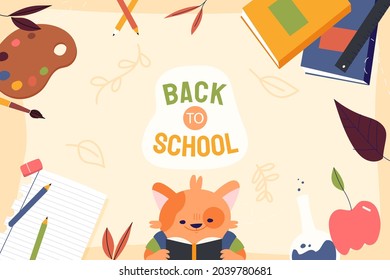 Back to school background. Welcome kids template. Education banner, poster design. Student art. Study day concept. School, preschool supplies items. Discounts on september 1st. Vector illustration.