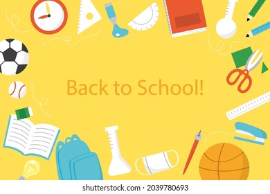 Zurück zum Schulhintergrund. Willkommen Kinder Vorlage. Bildungsbanner, Plakatdesign. Studentenkunst. Study Day Konzept. Schule, Vorschule liefert Gegenstände. Ermäßigungen am 1. September. Vektorgrafik.