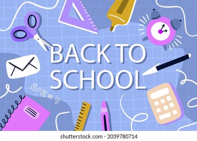 Zurück zum Schulhintergrund. Willkommen Kinder Vorlage. Bildungsbanner, Plakatdesign. Studentenkunst. Study Day Konzept. Schule, Vorschule liefert Gegenstände. Ermäßigungen am 1. September. Vektorgrafik.