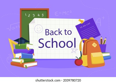 De vuelta a la escuela. Plantilla de bienvenida para niños. Cartel educativo, diseño de afiches. Arte estudiantil. Concepto del día de estudio. Escuelas, preescolares proveen artículos. Descuentos a 1 de septiembre. Ilustración vectorial.