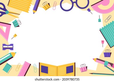 Back to school background. Welcome kids template. Education banner, poster design. Student art. Study day concept. School, preschool supplies items. Discounts on september 1st. Vector illustration.