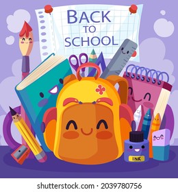 Zurück zum Schulhintergrund. Willkommen Kinder Vorlage. Bildungsbanner, Plakatdesign. Studentenkunst. Study Day Konzept. Schule, Vorschule liefert Gegenstände. Ermäßigungen am 1. September. Vektorgrafik.