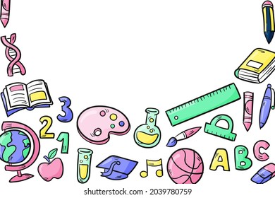 De vuelta a la escuela. Plantilla de bienvenida para niños. Cartel educativo, diseño de afiches. Arte estudiantil. Concepto del día de estudio. Escuelas, preescolares proveen artículos. Descuentos a 1 de septiembre. Ilustración vectorial.