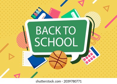 Back to school background. Welcome kids template. Education banner, poster design. Student art. Study day concept. School, preschool supplies items. Discounts on september 1st. Vector illustration.