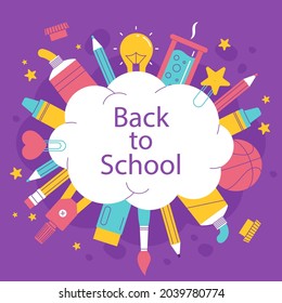 Back to school background. Welcome kids template. Education banner, poster design. Student art. Study day concept. School, preschool supplies items. Discounts on september 1st. Vector illustration.