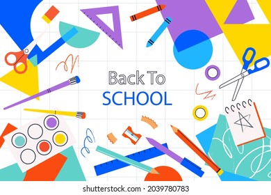 Back to school background. Welcome kids template. Education banner, poster design. Student art. Study day concept. School, preschool supplies items. Discounts on september 1st. Vector illustration.