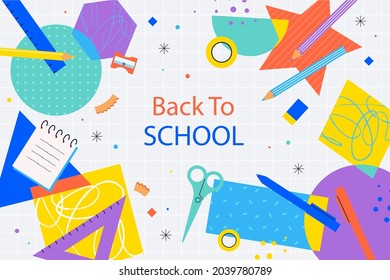 Back to school background. Welcome kids template. Education banner, poster design. Student art. Study day concept. School, preschool supplies items. Discounts on september 1st. Vector illustration.