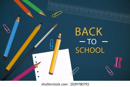 Back to school background. Welcome kids template. Education banner, poster design. Student art. Study day concept. School, preschool supplies items. Discounts on september 1st. Vector illustration.