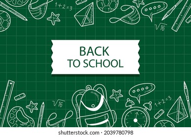 Back to school background. Welcome kids template. Education banner, poster design. Student art. Study day concept. School, preschool supplies items. Discounts on september 1st. Vector illustration.