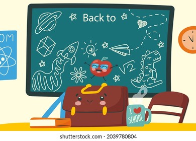 De vuelta a la escuela. Plantilla de bienvenida para niños. Cartel educativo, diseño de afiches. Arte estudiantil. Concepto del día de estudio. Escuelas, preescolares proveen artículos. Descuentos a 1 de septiembre. Ilustración vectorial.