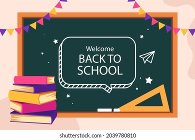 De vuelta a la escuela. Plantilla de bienvenida para niños. Cartel educativo, diseño de afiches. Arte estudiantil. Concepto del día de estudio. Escuelas, preescolares proveen artículos. Descuentos a 1 de septiembre. Ilustración vectorial.