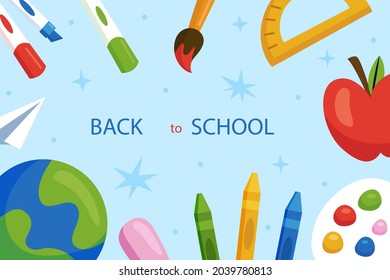 Back to school background. Welcome kids template. Education banner, poster design. Student art. Study day concept. School, preschool supplies items. Discounts on september 1st. Vector illustration.