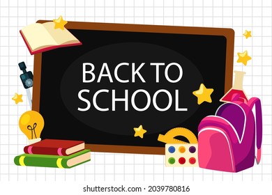 Zurück zum Schulhintergrund. Willkommen Kinder Vorlage. Bildungsbanner, Plakatdesign. Studentenkunst. Study Day Konzept. Schule, Vorschule liefert Gegenstände. Ermäßigungen am 1. September. Vektorgrafik.