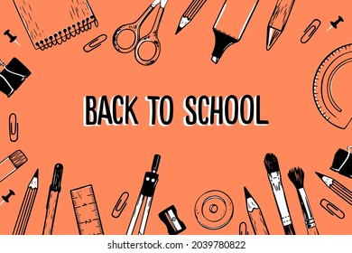 Back to school background. Welcome kids template. Education banner, poster design. Student art. Study day concept. School, preschool supplies items. Discounts on september 1st. Vector illustration.
