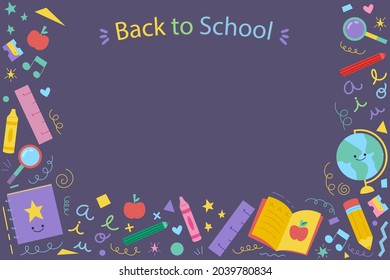 Zurück zum Schulhintergrund. Willkommen Kinder Vorlage. Bildungsbanner, Plakatdesign. Studentenkunst. Study Day Konzept. Schule, Vorschule liefert Gegenstände. Ermäßigungen am 1. September. Vektorgrafik.