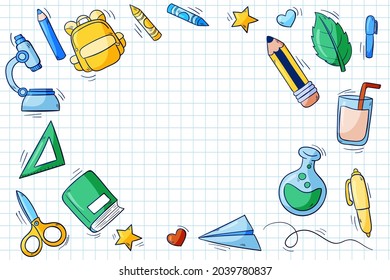 Back to school background. Welcome kids template. Education banner, poster design. Student art. Study day concept. School, preschool supplies items. Discounts on september 1st. Vector illustration.