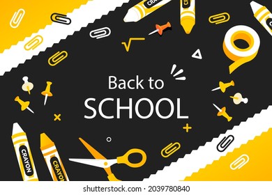 Back to school background. Welcome kids template. Education banner, poster design. Student art. Study day concept. School, preschool supplies items. Discounts on september 1st. Vector illustration.