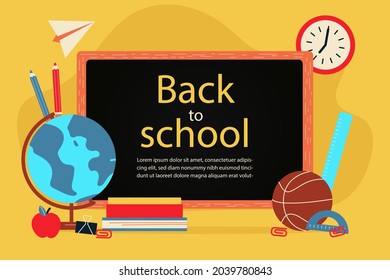 Back to school background. Welcome kids template. Education banner, poster design. Student art. Study day concept. School, preschool supplies items. Discounts on september 1st. Vector illustration.