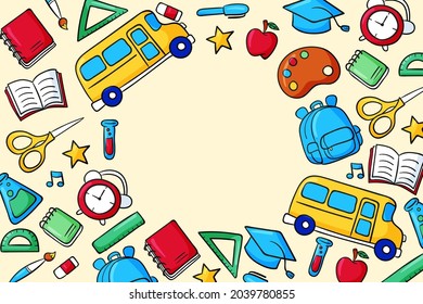 Back to school background. Welcome kids template. Education banner, poster design. Student art. Study day concept. School, preschool supplies items. Discounts on september 1st. Vector illustration.