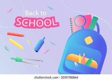 Back to school background. Welcome kids template. Education banner, poster design. Student art. Study day concept. School, preschool supplies items. Discounts on september 1st. Vector illustration.