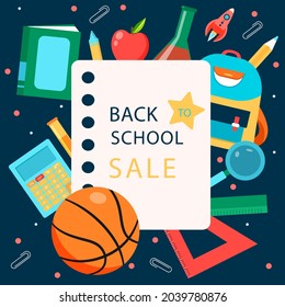 Back to school background. Welcome kids template. Education banner, poster design. Student art. Study day concept. School, preschool supplies items. Discounts on september 1st. Vector illustration.