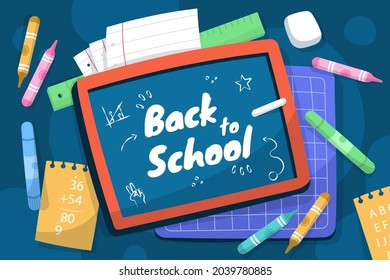 Back to school background. Welcome kids template. Education banner, poster design. Student art. Study day concept. School, preschool supplies items. Discounts on september 1st. Vector illustration.