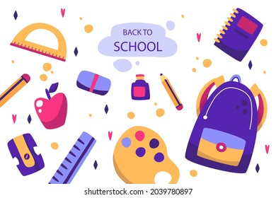 Back to school background. Welcome kids template. Education banner, poster design. Student art. Study day concept. School, preschool supplies items. Discounts on september 1st. Vector illustration.