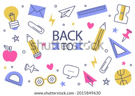 Back to school background. Welcome kids template. Education banner, poster design. Student art. Study day concept. School, preschool supplies items. Discounts on september 1st. Vector illustration.