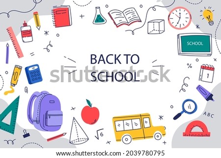 Back to school background. Welcome kids template. Education banner, poster design. Student art. Study day concept. School, preschool supplies items. Discounts on september 1st. Vector illustration.