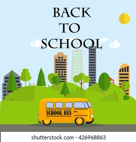 Back to School Background with Yellow Bus Vector Illustration EPS10