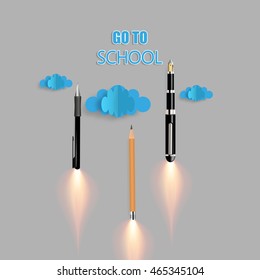 Back to school background.Origami clouds and rocket ship launch made with pencils.