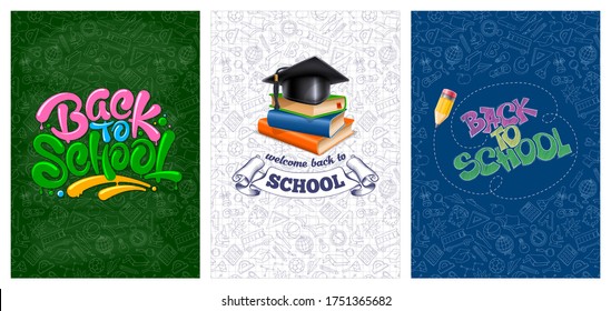 Back to school backgrounds set with color emblems consisting of calligraphy lettering, stack of books, magisters cap, pencil. Pattern with different school supplies on backdrop. Vector illustration.