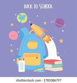 back to school, backpack books pencils rocket and planets education cartoon vector illustration
