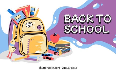 Back to school backpack. Cartoon background kids bag, school accessories, and stationery, autumn colorful sale banner. Vector school supplies advertising. Illustration of school backpack education