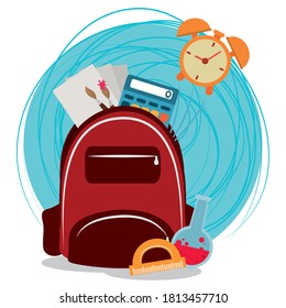 back to school, backpack clock calculator brush paper elementary education vector illustration