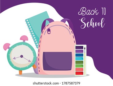 back to school, backpack clock notebook and color palette elementary education cartoon vector illustration