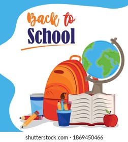back to school, backpack globe map book apple and pencils education vector illustration