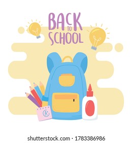 back to school, backpack glue color pencils study education cartoon vector illustration